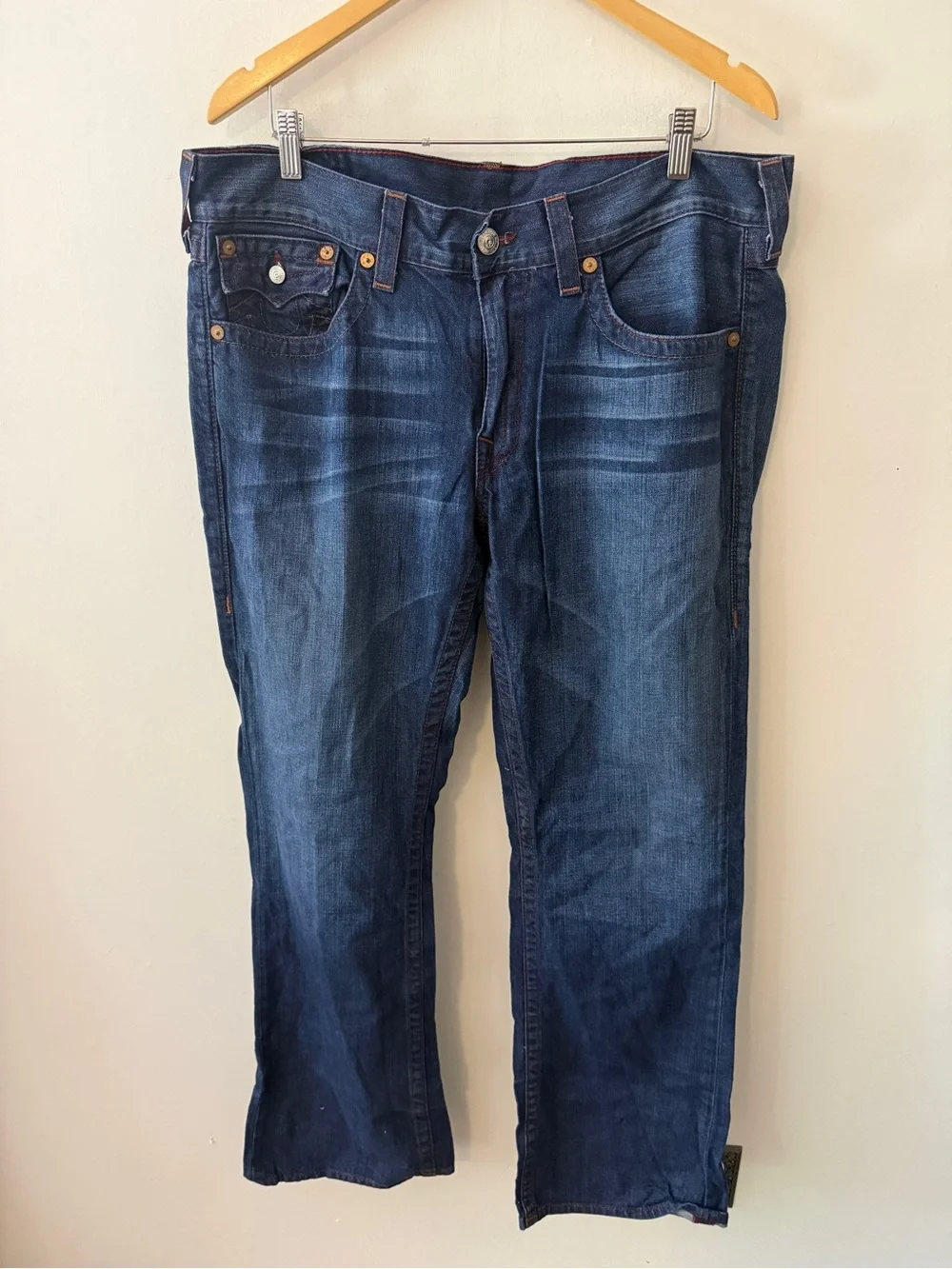 Y2K vintage True Religion Men's Indigo Bootcut Jeans red orange stitching